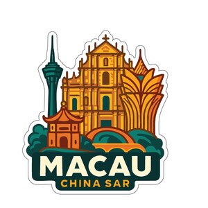 May include: A colorful sticker featuring iconic Macau landmarks. The design includes a tall tower, a traditional Chinese building, and a large, ornate church. The word "MACAU" is prominently displayed, with "CHINA SAR" below.