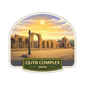 May include: A sticker featuring a digital illustration of the Qutb Complex in India. The image shows ancient ruins under a sunset sky. The text "QUTB COMPLEX INDIA" is displayed on a green banner.