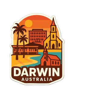 May include: A colorful sticker featuring a stylized illustration of Darwin, Australia. The design includes palm trees, buildings, a church, and the text "DARWIN AUSTRALIA" against a sunset backdrop.