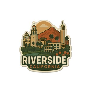 May include: A sticker featuring a vintage-style illustration of Riverside, California. The design includes buildings, palm trees, a mountain, and the text "RIVERSIDE CALIFORNIA" in a dark green font.