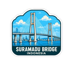 May include: A die-cut sticker featuring a stylized illustration of the Suramadu Bridge in Indonesia. The design shows the cable-stayed bridge spanning over blue water under a bright sky with clouds. The text SURAMADU BRIDGE INDONESIA is printed.