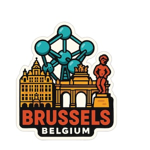 以下が含まれることがあります： ブリュッセルの象徴的なランドマークが描かれたステッカー。アトミウム、建築物、像がカラフルな漫画スタイルでデザインされています。「BRUSSELS BELGIUM」の文字が大きく表示されています。