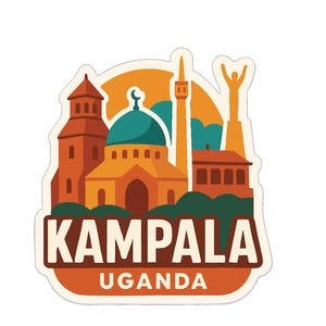 Könnte beinhalten: Ein Aufkleber mit einer stilisierten Illustration von Kampala, Uganda. Das Design zeigt Gebäude, eine Moschee mit türkisfarbener Kuppel und den Text "KAMPALA UGANDA" in Braun und Weiß auf orangefarbenem Hintergrund.