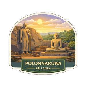Puede incluir: Una pegatina con una ilustración de Polonnaruwa, Sri Lanka. La imagen muestra dos estatuas de Buda, una de pie y otra sentada, con un atardecer y vegetación de fondo. El texto "POLONNARUWA SRI LANKA" está presente.