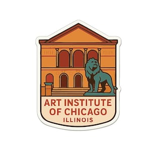 Op de afbeelding: Een sticker met het Art Institute of Chicago. Het ontwerp omvat een gebouw met boogvensters, een turquoise leeuwenstandbeeld en de tekst "ART INSTITUTE OF CHICAGO ILLINOIS" in een rechthoekig label.