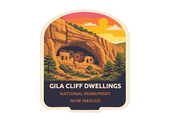 Calcomanía de vinilo troquelada de las viviendas en los acantilados de Gila, Nuevo México, serie Monumentos Nacionales de EE. UU.