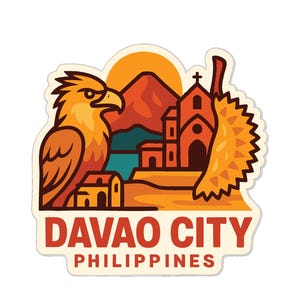 May include: A sticker featuring a stylized illustration of Davao City, Philippines. The design includes a golden eagle, a church, a mountain, and a durian fruit. The text "DAVAO CITY PHILIPPINES" is displayed in red and white.
