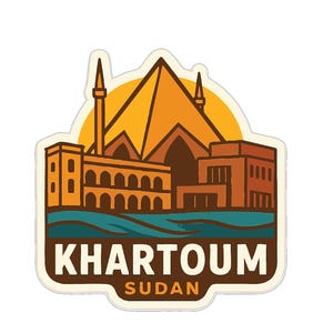 May include: A sticker featuring a stylized illustration of Khartoum, Sudan. The design includes buildings, a pyramid, and the text "KHARTOUM SUDAN" in a brown and white color scheme, set against a white background.
