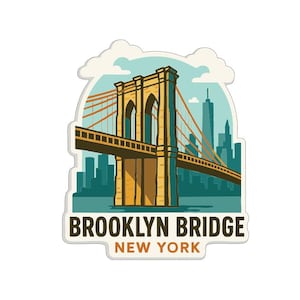 May include: A stylized illustration of the Brooklyn Bridge in New York. The image features the bridge in shades of yellow and brown, with a teal sky and water. The text "BROOKLYN BRIDGE NEW YORK" is at the bottom.