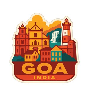 Puede incluir: Una colorida pegatina con una ilustración estilizada de Goa, India. El diseño incluye edificios, una cascada y un faro, con el texto "GOA INDIA" en negrita. La paleta de colores incluye tonos de naranja, amarillo y azul.