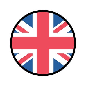 以下が含まれることがあります： 黒い輪郭の円の中にユニオンジャックの旗があります。旗は赤、白、青です。