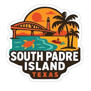 Può includere: Un adesivo con un design di South Padre Island, Texas. L'immagine include un ponte, un faro, palme, una tartaruga e una moto d'acqua. Il testo "SOUTH PADRE ISLAND TEXAS" è ben visibile.