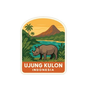 May include: A sticker depicting a rhino in a natural scene with a mountain, water, and palm trees. The text "UJUNG KULON INDONESIA" is displayed in an orange banner at the bottom.