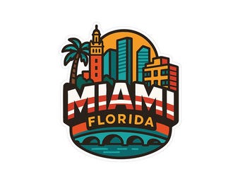 May include: A colorful sticker featuring a Miami, Florida design. The illustration includes a palm tree, buildings, and the text "MIAMI FLORIDA" in bold letters. The design incorporates shades of orange, blue, and white.