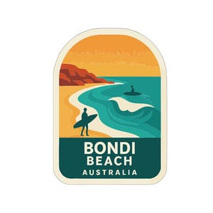 May include: A sticker featuring a stylized illustration of Bondi Beach, Australia. The design includes a surfer, waves, and the text "BONDI BEACH AUSTRALIA" in a dark teal rectangle. The background shows an orange sky and a sandy beach.