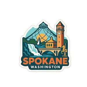 Peut inclure: Un autocollant avec une illustration colorée de Spokane, Washington. Le design comprend une cascade, un pont, une tour de l'horloge et le texte "Spokane Washington". La palette de couleurs comprend le bleu sarcelle, l'orange et le jaune.