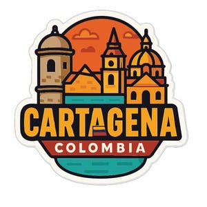 Op de afbeelding: Een sticker met een gestileerde illustratie van Cartagena, Colombia. Het ontwerp bevat gebouwen, een zonsondergang en de naam van de stad in vette letters. Het woord "Colombia" is ook aanwezig.