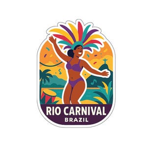 Op de afbeelding: Een sticker met een levendige illustratie van het Rio Carnaval. Het toont een vrouw in een paarse bikini en hoofdtooi, dansend met opgeheven armen. De achtergrond bevat een trommel, palmbomen en de tekst "RIO CARNIVAL BRAZIL".
