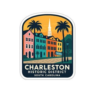 May include: A colorful sticker featuring Charleston's Historic District. The design includes vibrant buildings, palm trees, and a steeple against an orange sky. The text "Charleston Historic District South Carolina" is displayed.