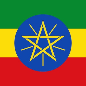 May include: The flag of Ethiopia features a green, yellow, and red horizontal tricolor with a blue circle in the center. The circle contains a gold five-pointed star with radiating lines.