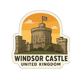Könnte beinhalten: Ein Aufkleber mit Windsor Castle, einem historischen Wahrzeichen in Großbritannien. Die Illustration zeigt das Schloss mit einer Union Jack-Flagge vor einem orangefarbenen Himmel. Der Text "Windsor Castle United Kingdom" steht unten.