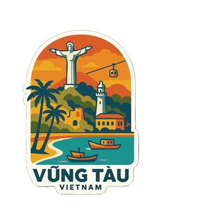 May include: A colorful sticker featuring a coastal scene with a statue, palm trees, and boats. The text "VUNG TAU VIETNAM" is at the bottom. The design includes a lighthouse, cable car, and a sunset sky.