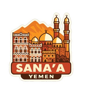 May include: A sticker depicting a stylized illustration of Sana'a, Yemen. The design features buildings, domes, minarets, and a mountain range in shades of brown, orange, and tan. The text "SANA'A YEMEN" is displayed in a brown banner.