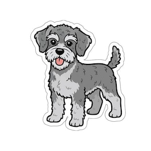 Könnte beinhalten: Ein Cartoon-Aufkleber eines Schnauzer-Hundes in stehender Pose. Der Hund ist hauptsächlich grau und weiß mit schwarzer Nase und Augen. Seine Zunge ist rosa und die Umrisse sind schwarz.