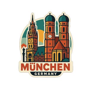 May include: A sticker featuring a stylized illustration of the Frauenkirche in Munich, Germany. The image includes the church's twin towers, a clock, and the text "München Germany". The design uses a palette of orange, teal, and beige.