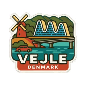 May include: A sticker depicting Vejle, Denmark. The design shows a red windmill, a bridge, a car, and the text "VEJLE DENMARK". The colour scheme includes red, green, blue, and yellow.