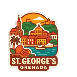 May include: A sticker featuring a colorful illustration of St. George's, Grenada. The design includes buildings, boats, a church, and a palm tree with cocoa pods. The text "ST. GEORGE'S GRENADA" is at the bottom in a brown font.