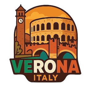 May include: A Verona, Italy, travel-themed graphic. The design features a clock tower, an amphitheatre, and a bridge, all in shades of brown, orange, and green, set against a sunset background. The word "VERONA" is prominently displayed.