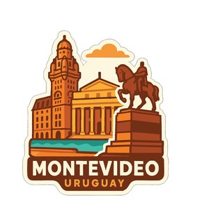 Pode incluir: Um autocolante com uma ilustração estilizada de Montevidéu, Uruguai. O design inclui um edifício alto, um edifício clássico com colunas e uma estátua de uma pessoa a cavalo. O texto "MONTEVIDEO URUGUAY" está na parte inferior.