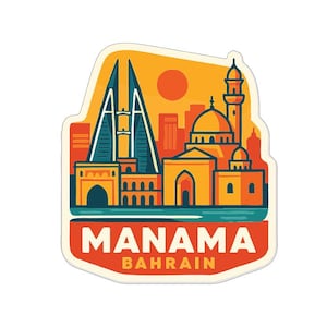 May include: A sticker featuring a stylized illustration of Manama, Bahrain. The design includes iconic buildings, a mosque, and a sun. The city name is displayed in bold white letters on a red banner.