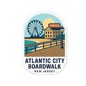 Puede incluir: Una pegatina con una ilustración del paseo marítimo de Atlantic City. El diseño incluye una noria, un casino y un paseo marítimo con el texto "Atlantic City Boardwalk New Jersey". La paleta de colores incluye azul, amarillo y marrón.