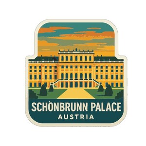 May include: A rectangular sticker featuring the Schönbrunn Palace in Vienna, Austria. The palace is yellow with a green roof, set against a sunset sky. The text "SCHÖNBRUNN PALACE AUSTRIA" is at the bottom.