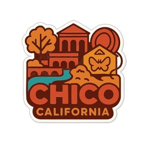 May include: A sticker featuring a stylized illustration of Chico, California. The design includes buildings, a river, and a tree in shades of orange, brown, and teal, with the word "CHICO" and "CALIFORNIA" in a bold, rounded font.