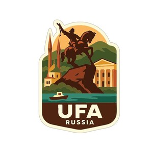 May include: A sticker featuring a brown silhouette of a person on horseback atop a rock, with a cityscape and the text "UFA RUSSIA." The design includes a boat on a lake, buildings, and a mountain range, all in a vintage style.