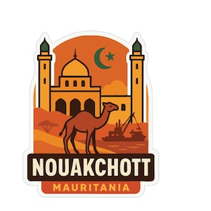 May include: A sticker featuring a camel in front of a mosque with two minarets, set against a desert landscape. The sticker has the text "NOUAKCHOTT MAURITANIA" in a bold font, with a crescent moon and star.