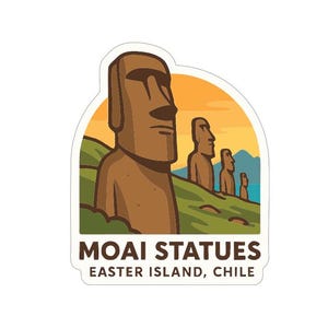 May include: A sticker featuring cartoon illustrations of Moai statues on Easter Island, Chile. The brown statues stand on a green hill under a sunset sky. The text "MOAI STATUES" and "EASTER ISLAND, CHILE" are below the image.