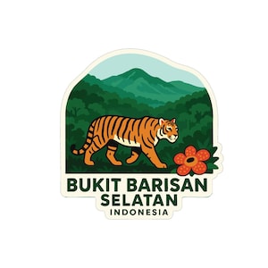 May include: A sticker depicting a tiger with orange and black stripes against a backdrop of green forest and mountains. The text "BUKIT BARISAN SELATAN INDONESIA" is displayed in green and white.