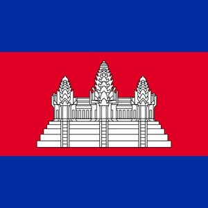May include: The national flag of Cambodia features a red, white, and blue color scheme. The center of the flag displays a white silhouette of Angkor Wat, a famous temple complex.
