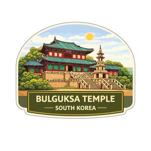 以下が含まれることがあります： 韓国の仏国寺を描いたステッカー。イラストは、伝統的な建築様式を持つ寺院複合施設を、晴れた空と緑豊かな緑を背景に描いています。「BULGUKSA TEMPLE - SOUTH KOREA」の文字が表示されています。