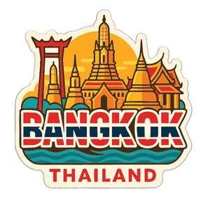 以下が含まれることがあります： タイのバンコクのランドマークが描かれたカラフルなステッカー。赤い門、黄金の寺院、赤、白、青で「BANGKOK」の文字、下に「THAILAND」の文字がデザインされています。