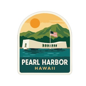 May include: A sticker featuring a stylized illustration of the Pearl Harbor memorial in Hawaii. The design includes the memorial building, the American flag, mountains, and the text "PEARL HARBOR HAWAII". The background is a gradient of orange and teal.