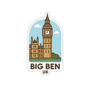 Pode incluir: Um autocolante com uma ilustração de desenho animado do Big Ben, a famosa torre do relógio de Londres. A torre é castanha com um mostrador de relógio e está situada contra um céu azul com nuvens. O texto "BIG BEN UK" está na parte inferior.