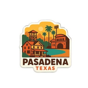 Puede incluir: Una pegatina con una ilustración estilizada de Pasadena, Texas. El diseño incluye edificios, palmeras y el texto "PASADENA TEXAS" en una fuente decorativa, sobre un fondo de puesta de sol.
