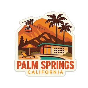 May include: A sticker featuring a retro illustration of Palm Springs, California. The design includes a cable car, mountains, palm trees, a mid-century modern house, and a pool. The text "PALM SPRINGS CALIFORNIA" is displayed in a bold font.