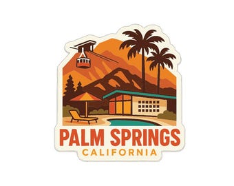 May include: A sticker featuring a retro illustration of Palm Springs, California. The design includes a cable car, mountains, palm trees, a mid-century modern house, and a pool. The text "PALM SPRINGS CALIFORNIA" is displayed in a bold font.