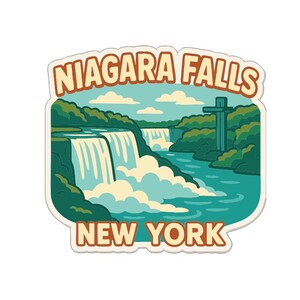 May include: A sticker featuring a vintage-style illustration of Niagara Falls. The design includes the text "Niagara Falls New York" in a retro font, with the falls depicted in shades of blue and green, and a cross-shaped structure.